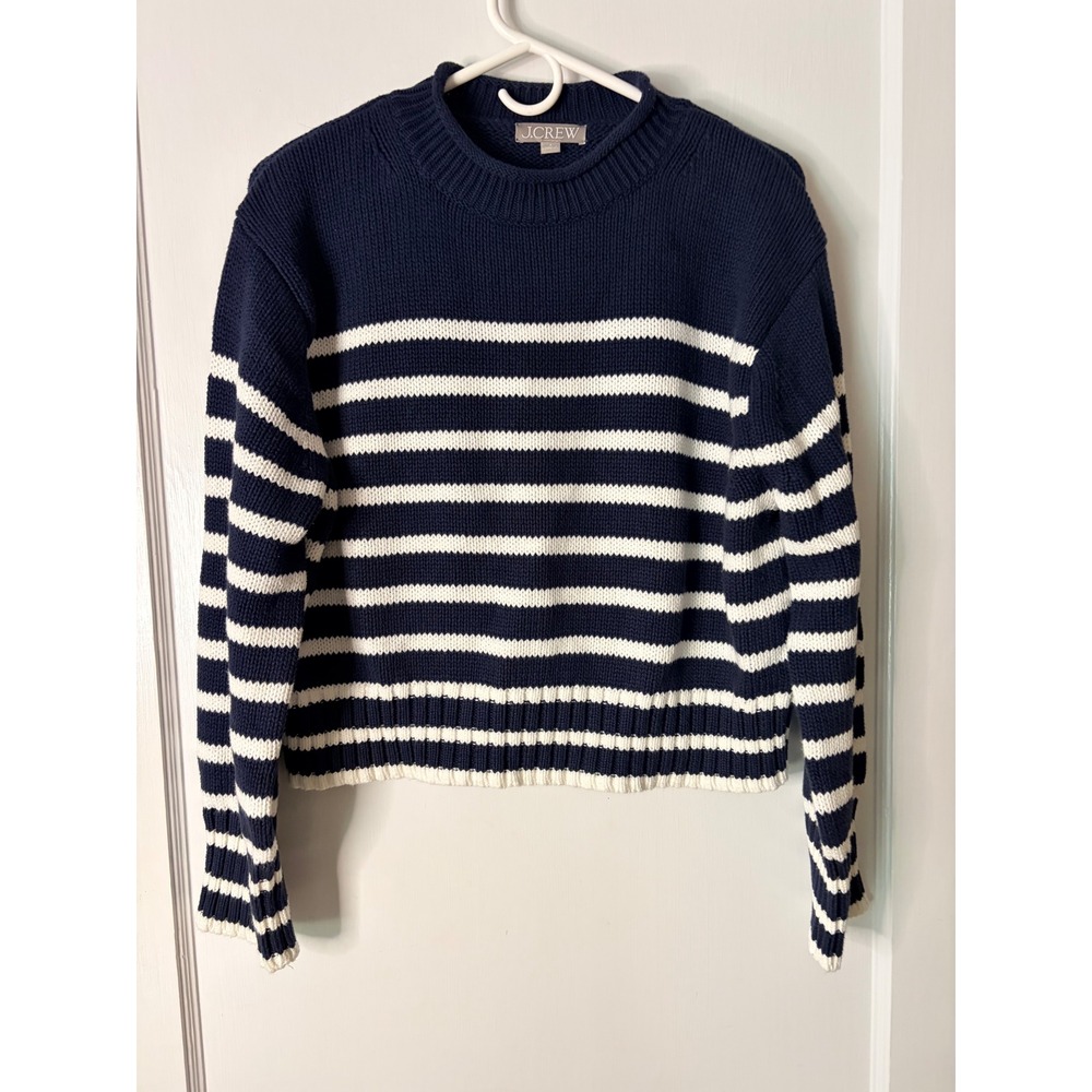 J.Crew Womens Navy Blue White Striped Cotton Knit Cropped Sweater Size S